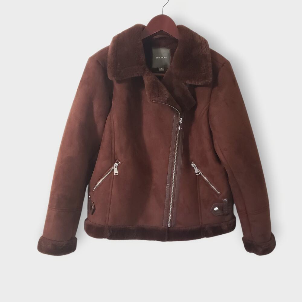 NWT Maurices Faux Suede + Fur Moto Jacket Brown Asymmetrical Zip Sz Lg Bikercore